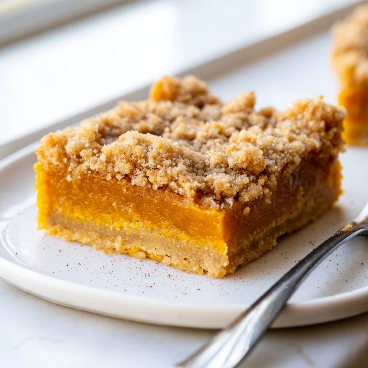 Golden brown sugar maple pumpkin butter bars with crumbly streusel topping on a rustic plate