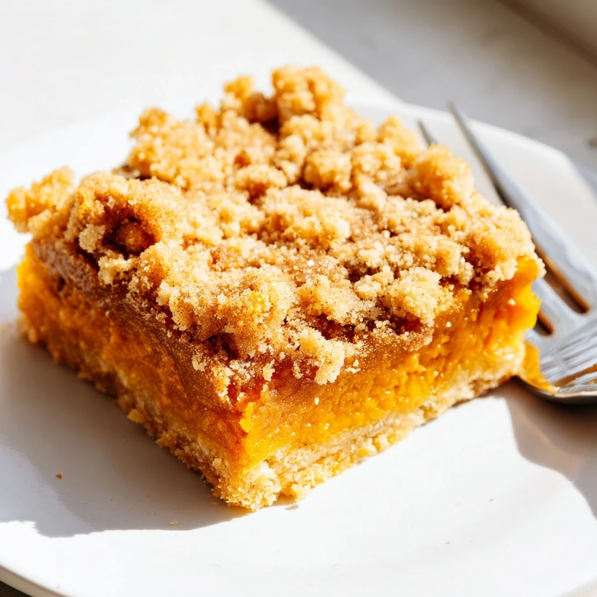 Creamy pumpkin maple filling peeks through a spiced streusel crust on these autumn dessert bars