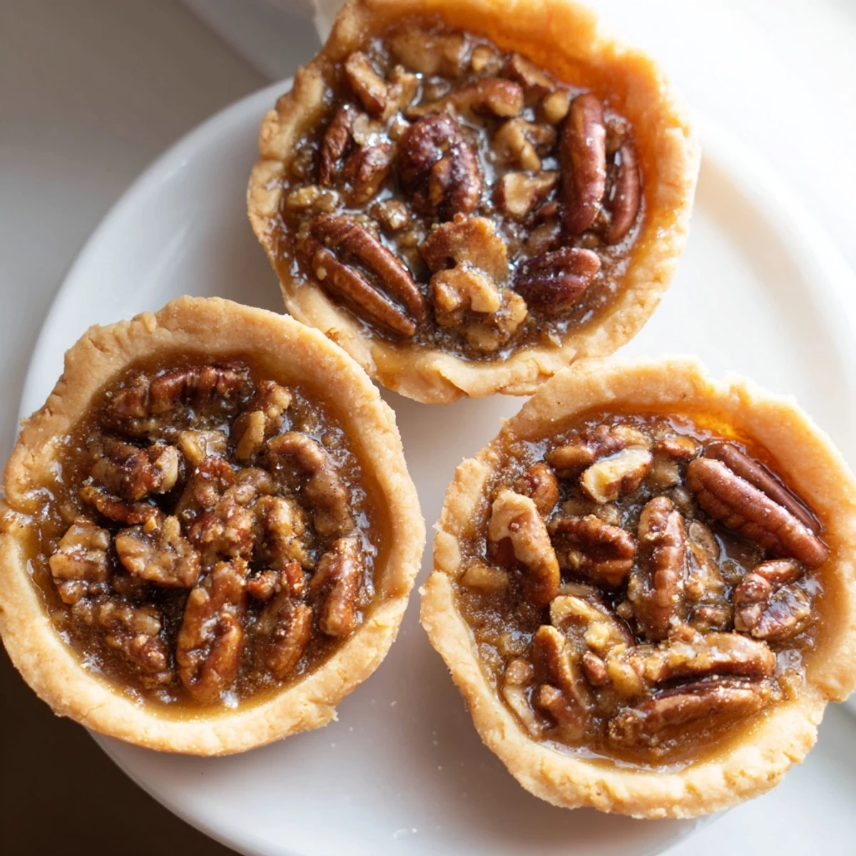 Golden mini pecan pies with gooey caramel filling in flaky butter crusts