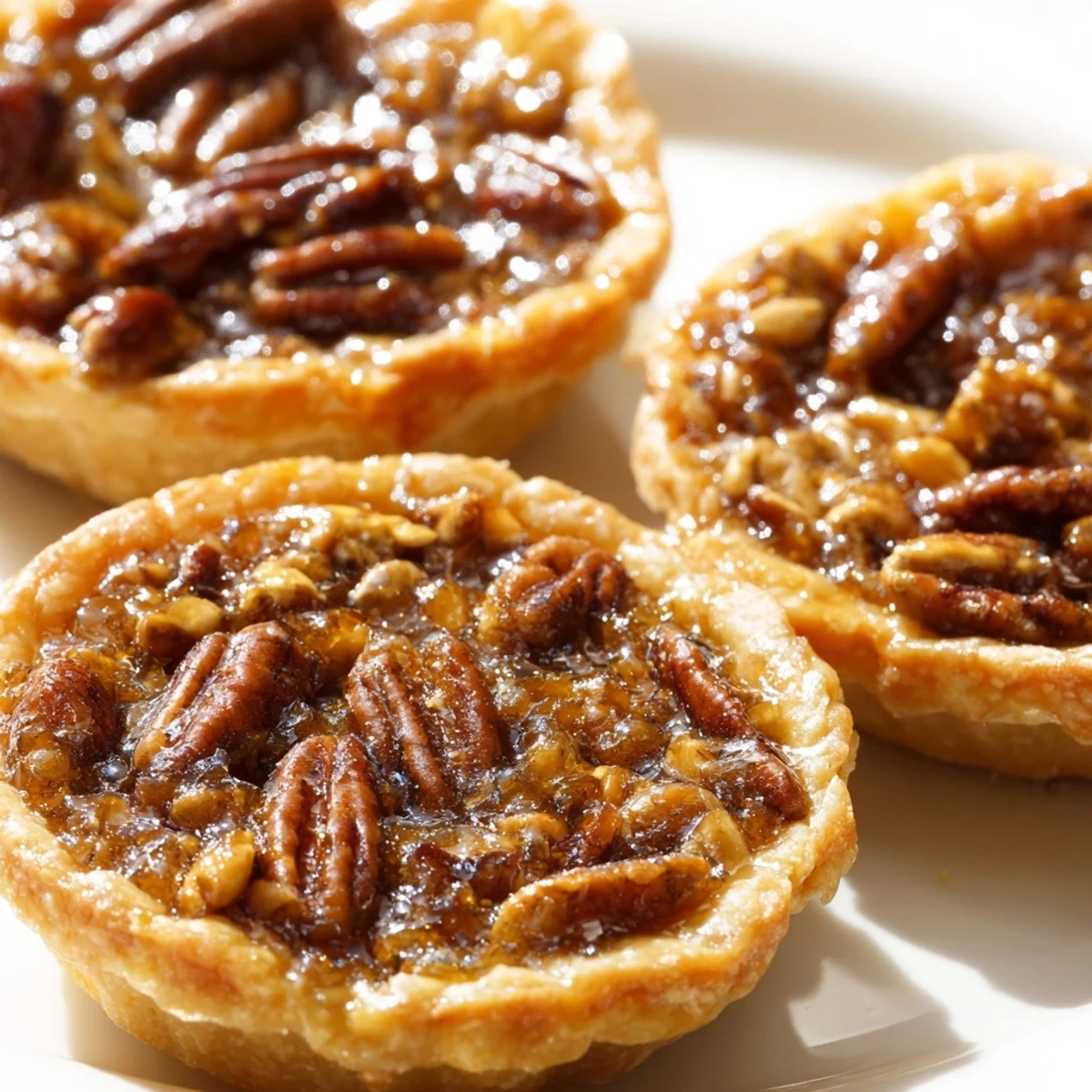 Bite-sized mini pecan pies topped with toasted nuts on a rustic platter