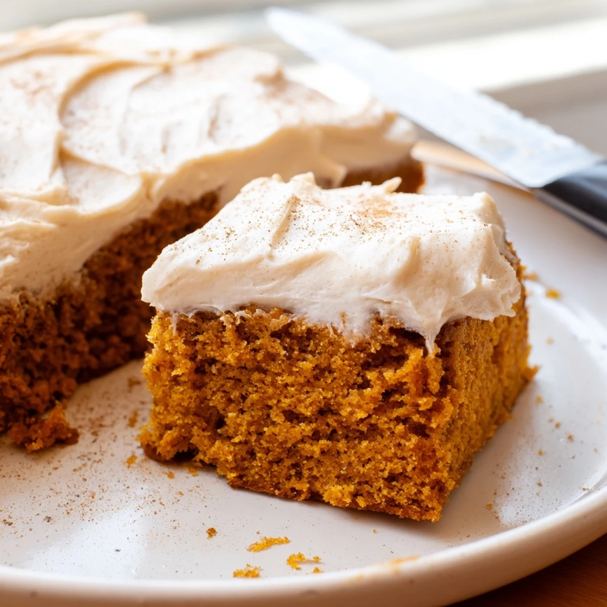 Soft pumpkin bars with cream cheese frosting sliced into golden spiced squares