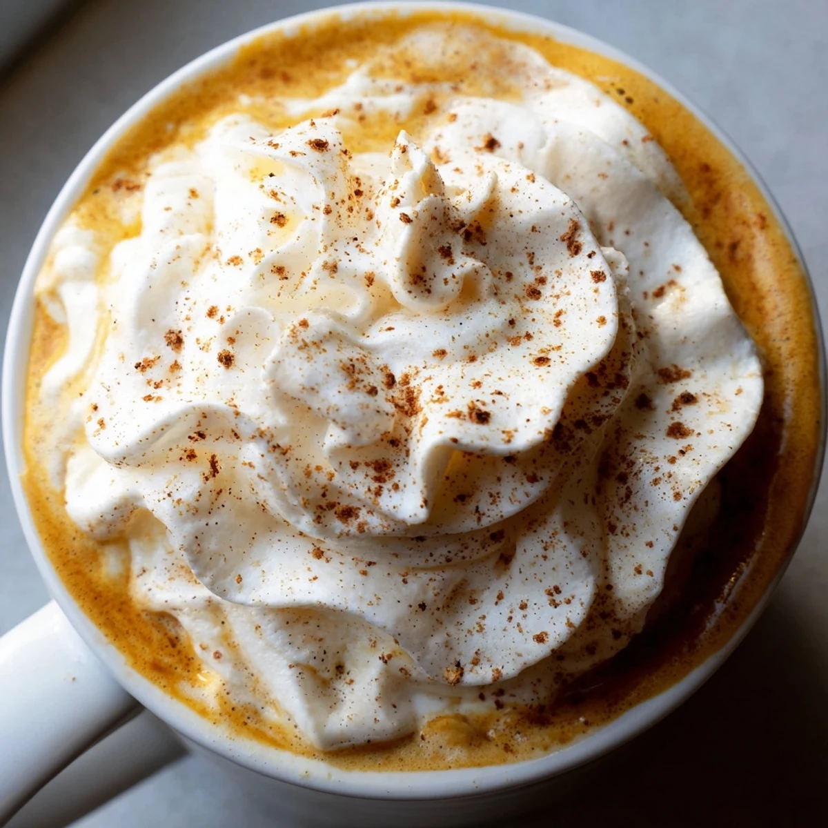 Steaming mug of homemade pumpkin spice latte with frothy milk and autumn spices