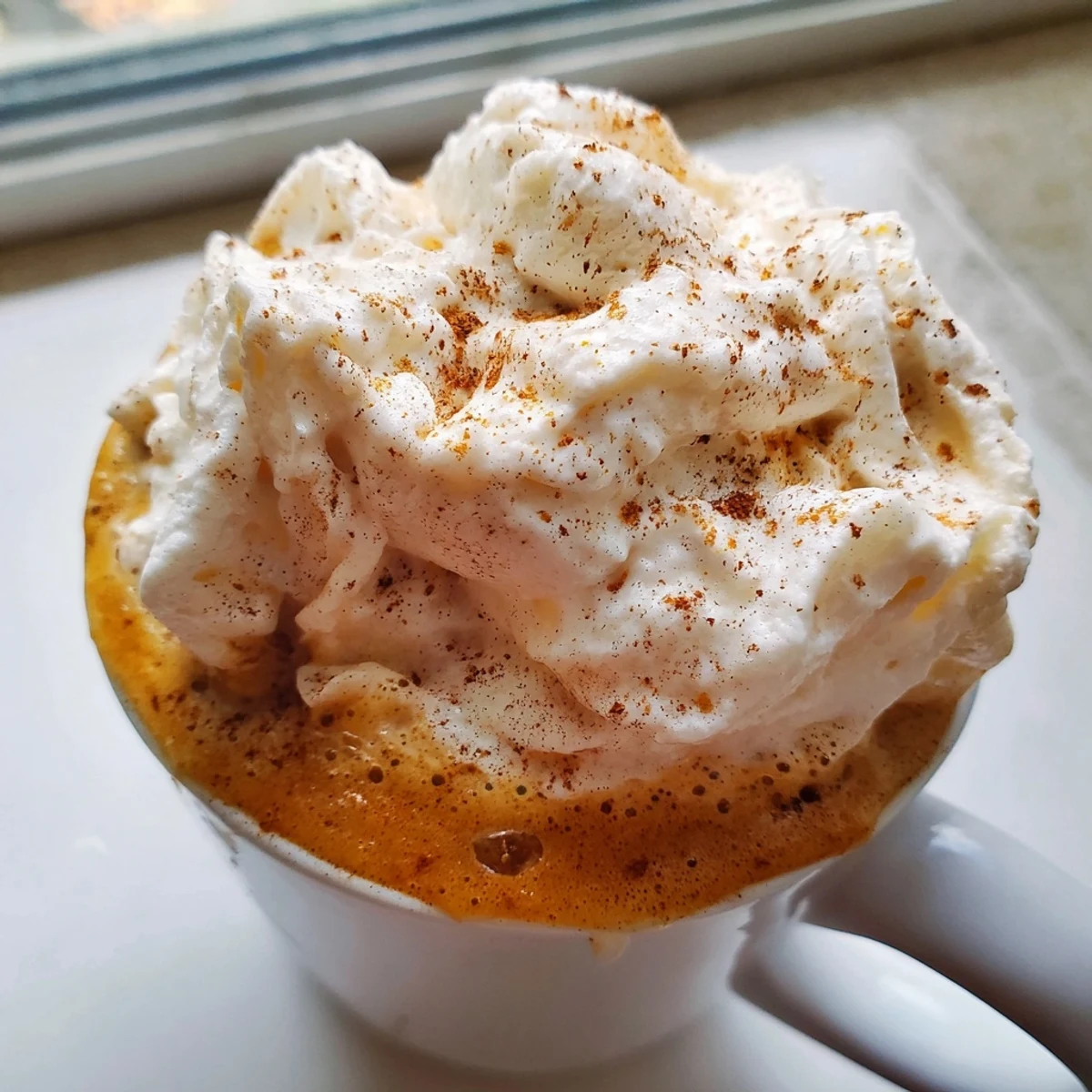 Creamy homemade pumpkin spice latte topped with whipped cream and cinnamon dust