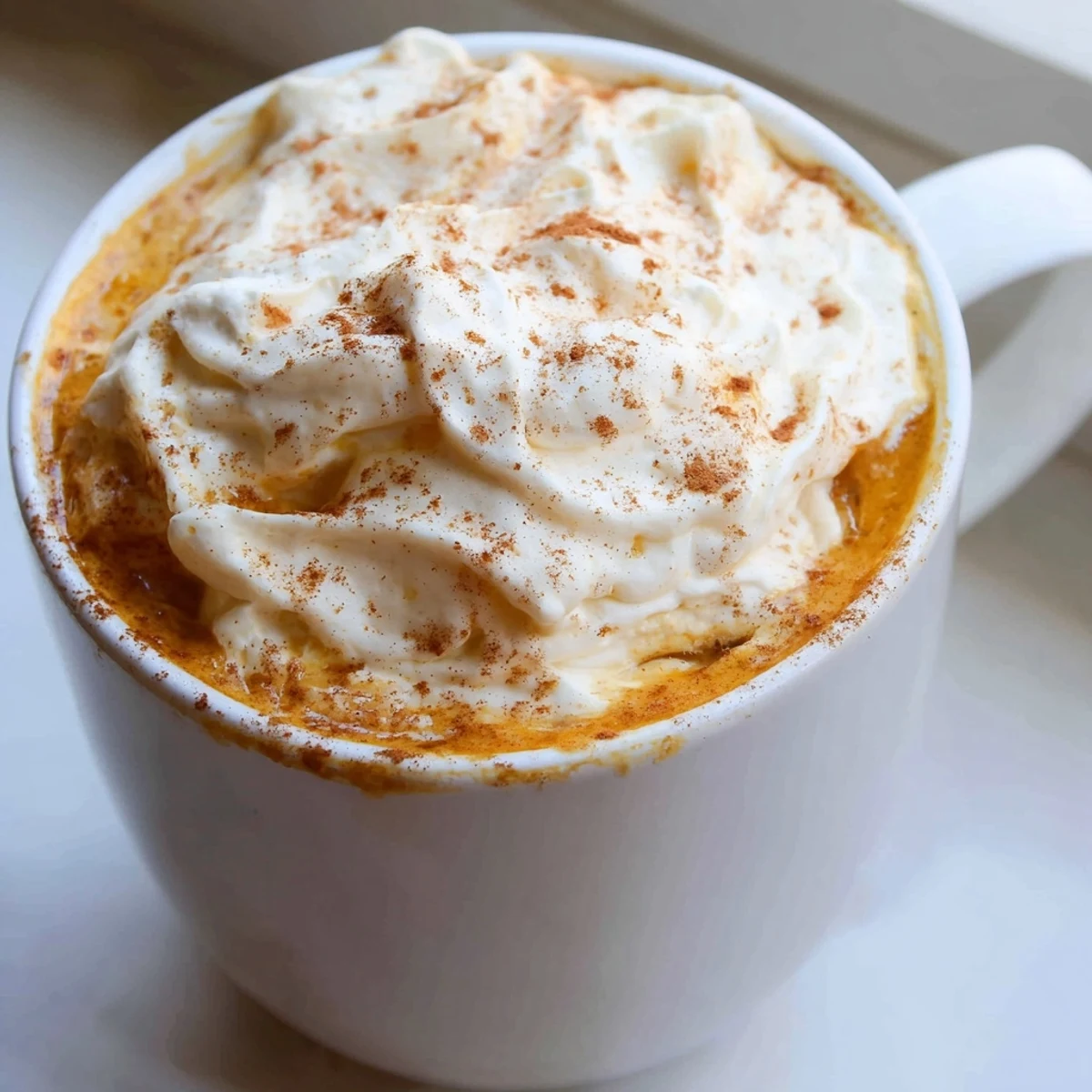 Rich homemade pumpkin spice latte in a cozy mug drizzled with real pumpkin