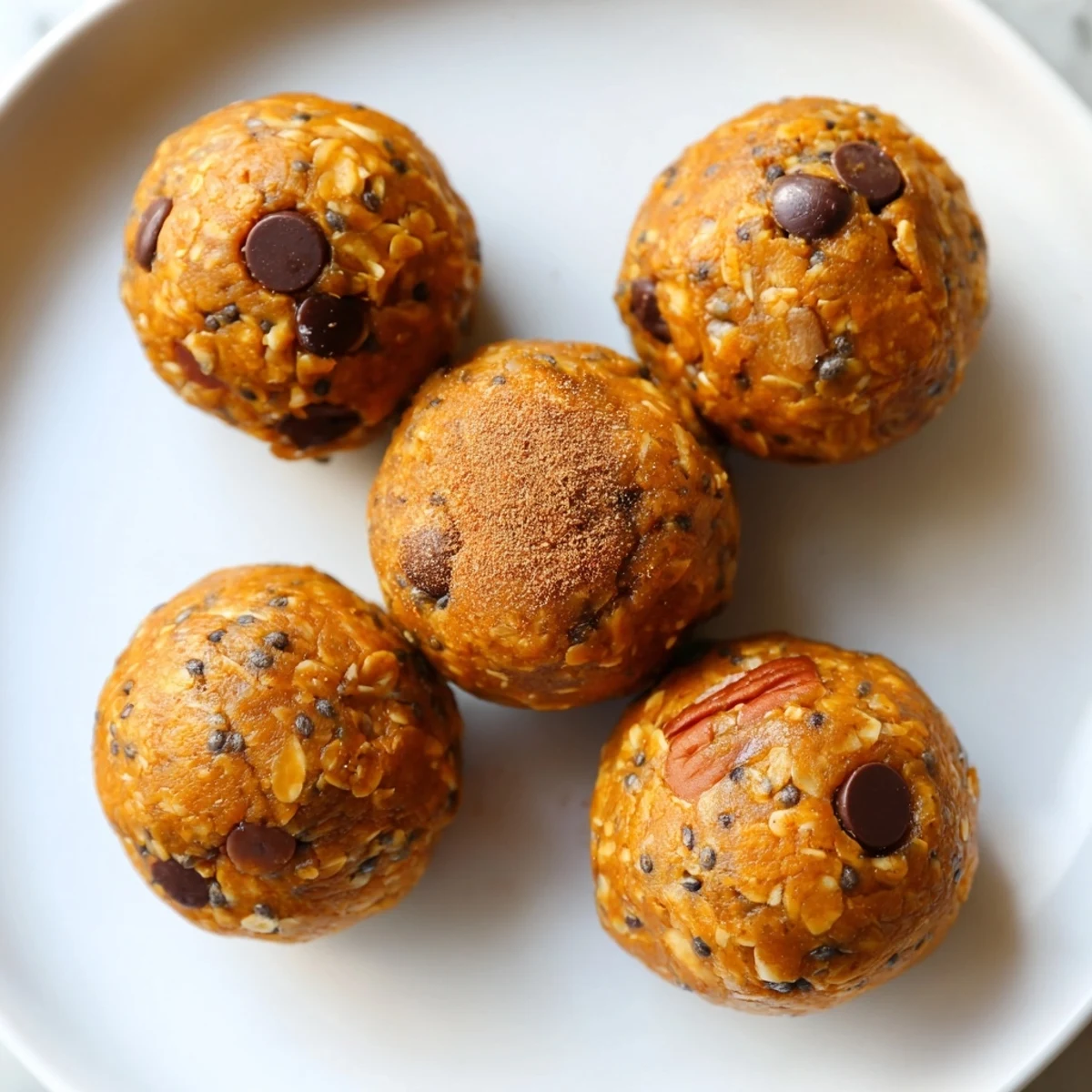 Golden no bake pumpkin protein balls arranged on parchment with warm cinnamon spice