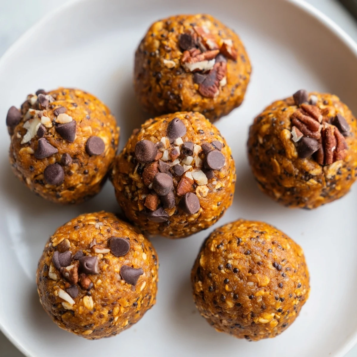 A plate of no bake pumpkin protein balls dusted with nutmeg beside fall leaves