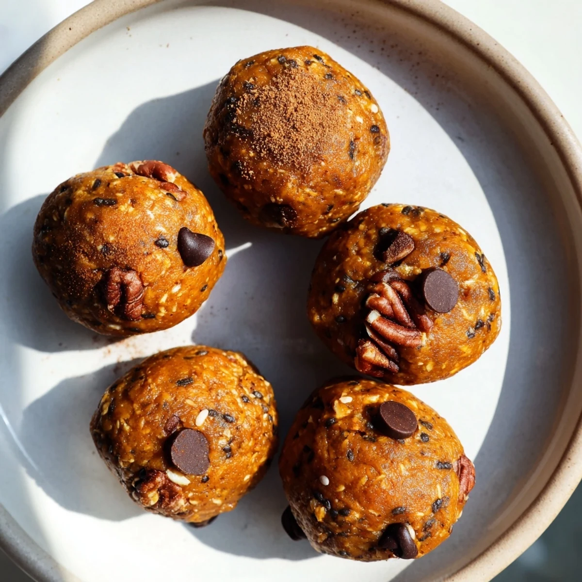Chewy no bake pumpkin protein balls studded with chocolate chips on a rustic tray