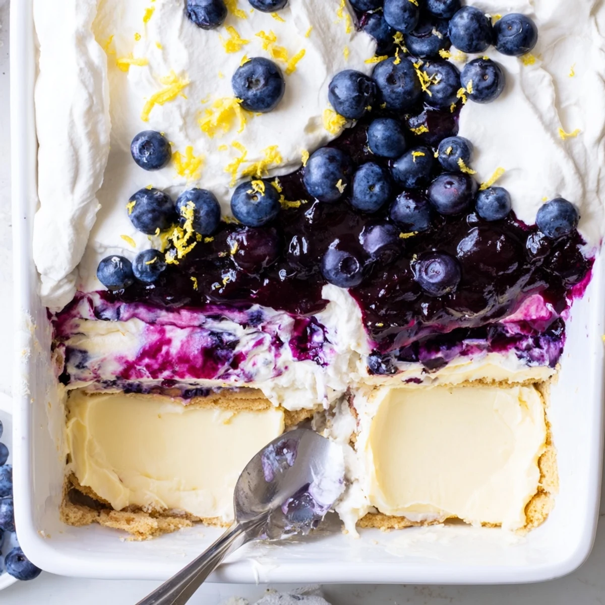 No-bake lemon blueberry lasagna topped with fresh berries and zesty lemon curls