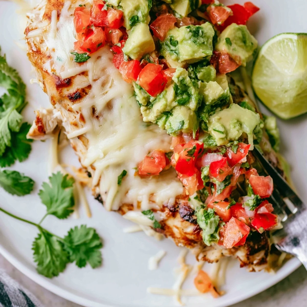 Golden grilled fiesta lime chicken with creamy avocado topping and fresh cilantro