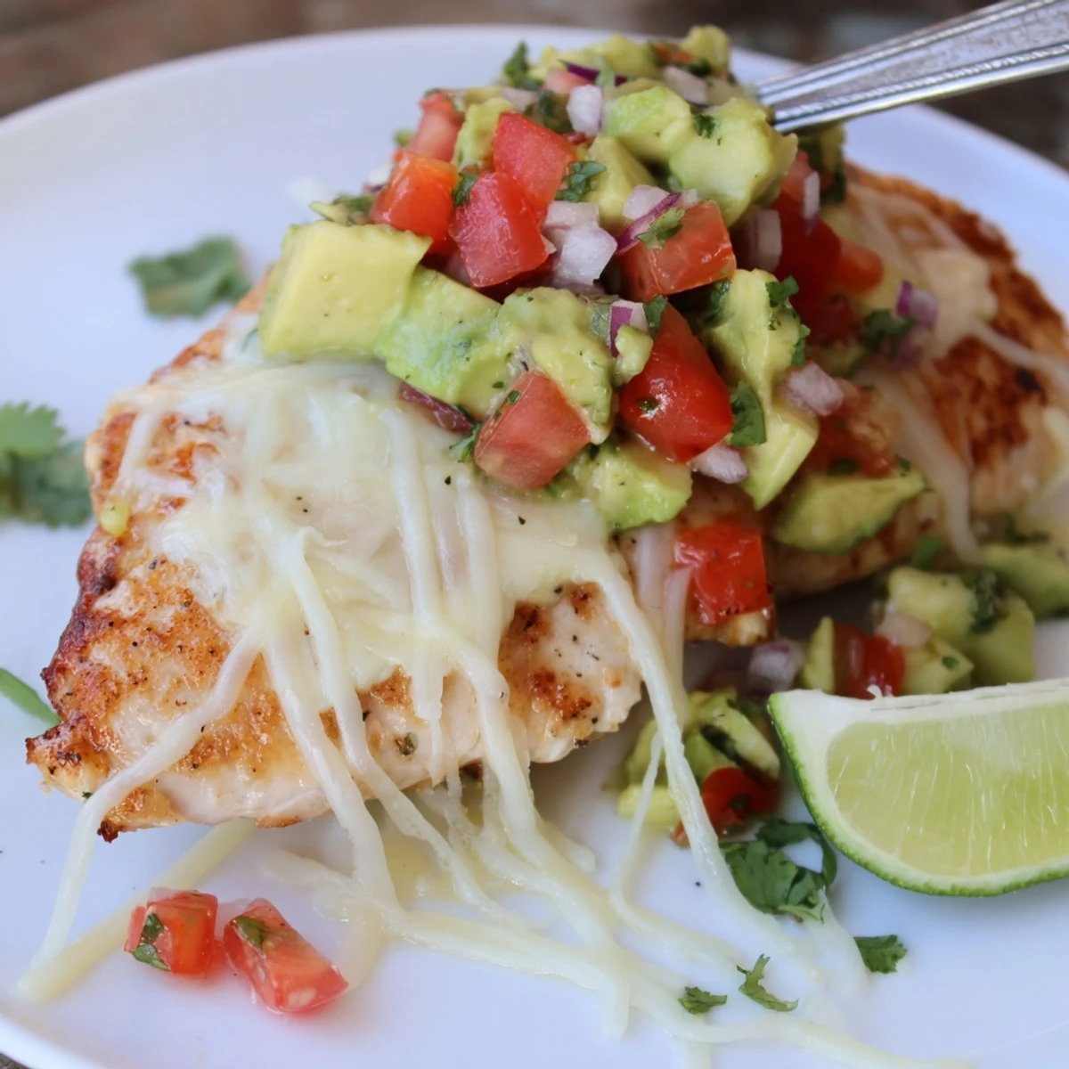 Juicy fiesta lime chicken garnished with melted cheese, tomato, and avocado salsa