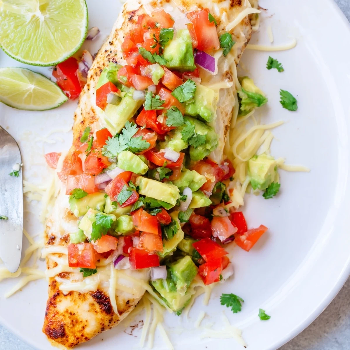 Sizzling fiesta lime chicken plated over rice with diced avocado and lime wedges