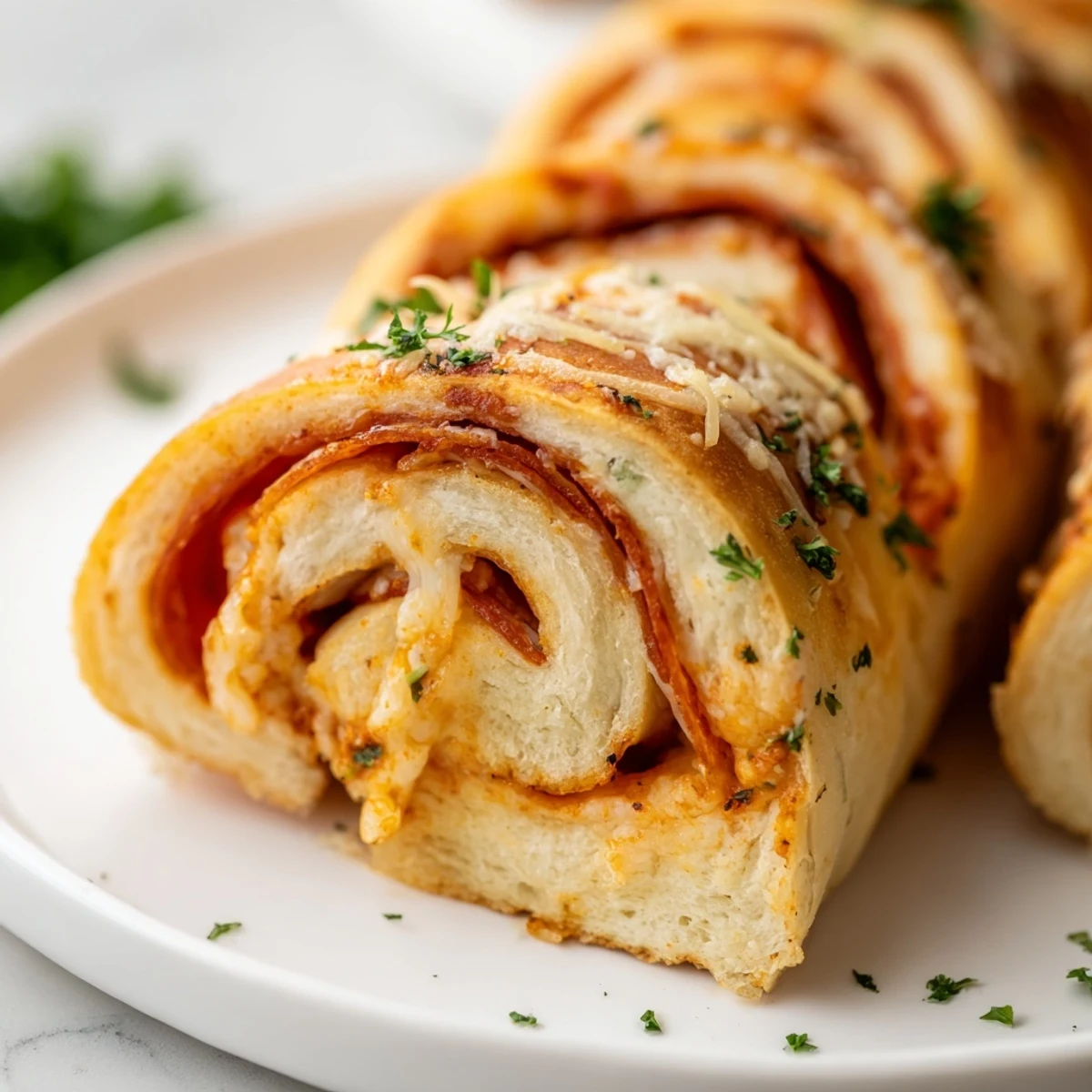 Gooey pepperoni pizza roll breadsticks sprinkled with parsley and brushed with garlic butter