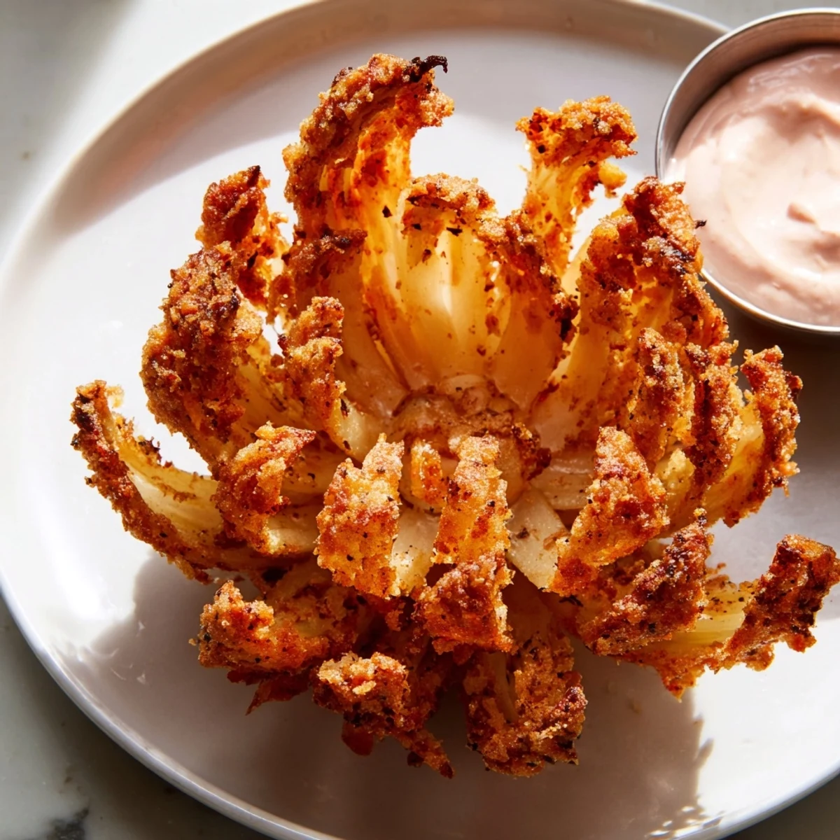 Deep-fried mini bloomin onions with crunchy paprika-spiced petals on a platter