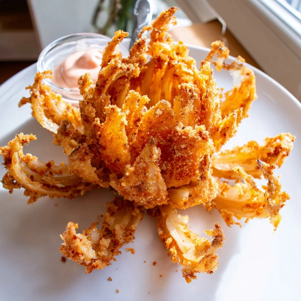 Golden crispy mini bloomin onions served with spicy horseradish dipping sauce