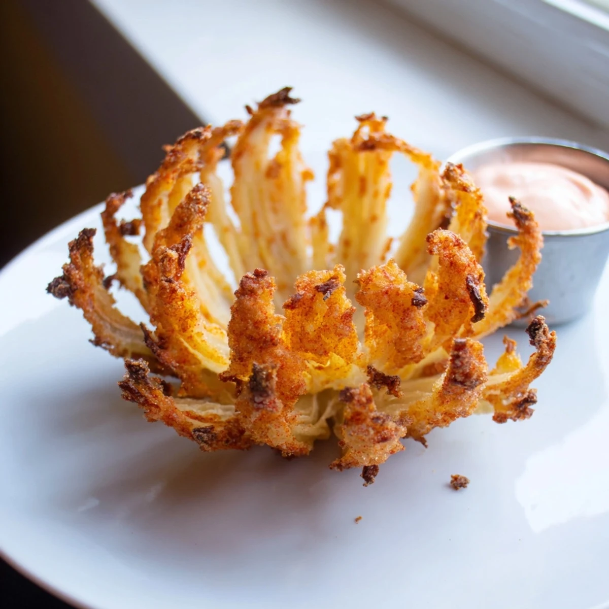 Crispy mini bloomin onions recipe golden and bubbling beside tangy sauce