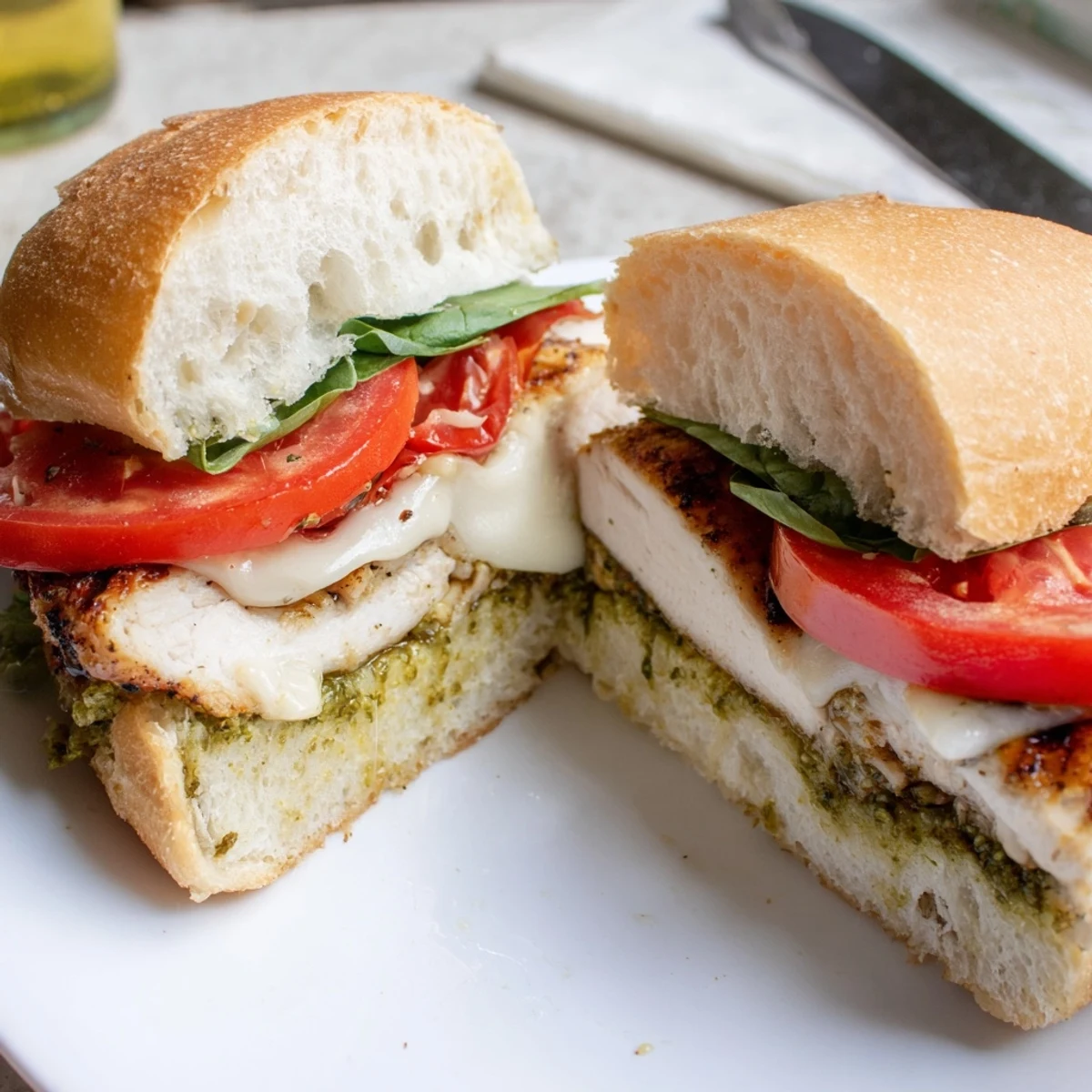Golden grilled chicken pesto sandwich with melted mozzarella on toasted ciabatta