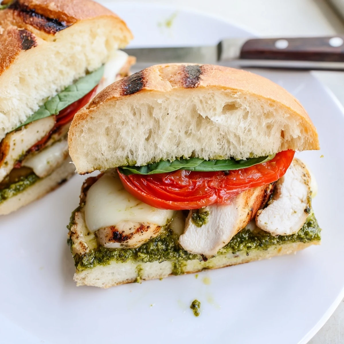 Warm chicken pesto sandwich layered with tomato, arugula, and gooey cheese