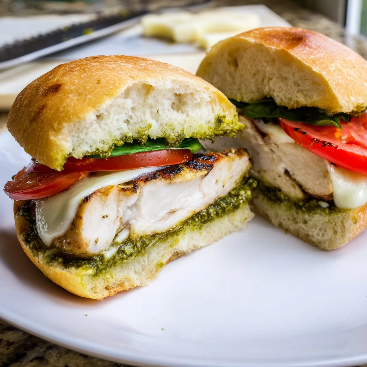 Sliced chicken pesto sandwich recipe served on a crisp ciabatta roll