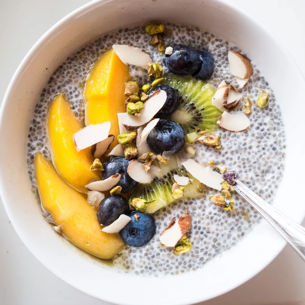 Creamy Coconut Chia Pudding topped with mango and toasted coconut flakes