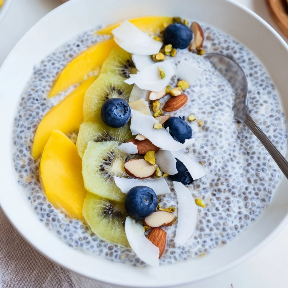 Chilled Coconut Chia Pudding in a glass jar with berry compote