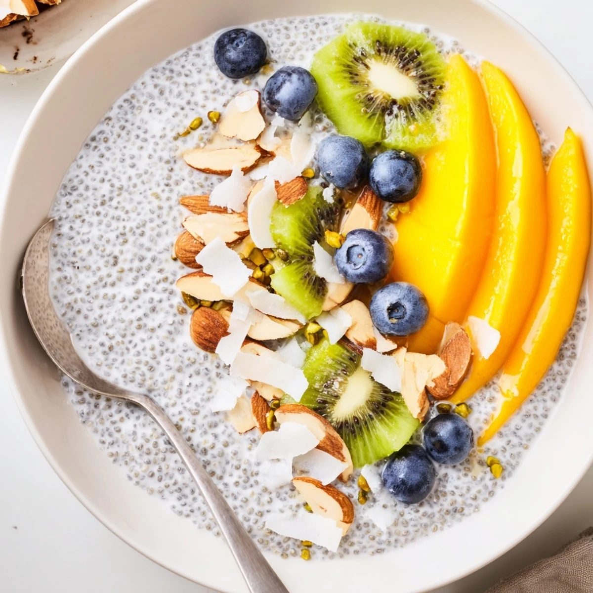 Silky Coconut Chia Pudding flavored with vanilla and maple, garnished with almonds