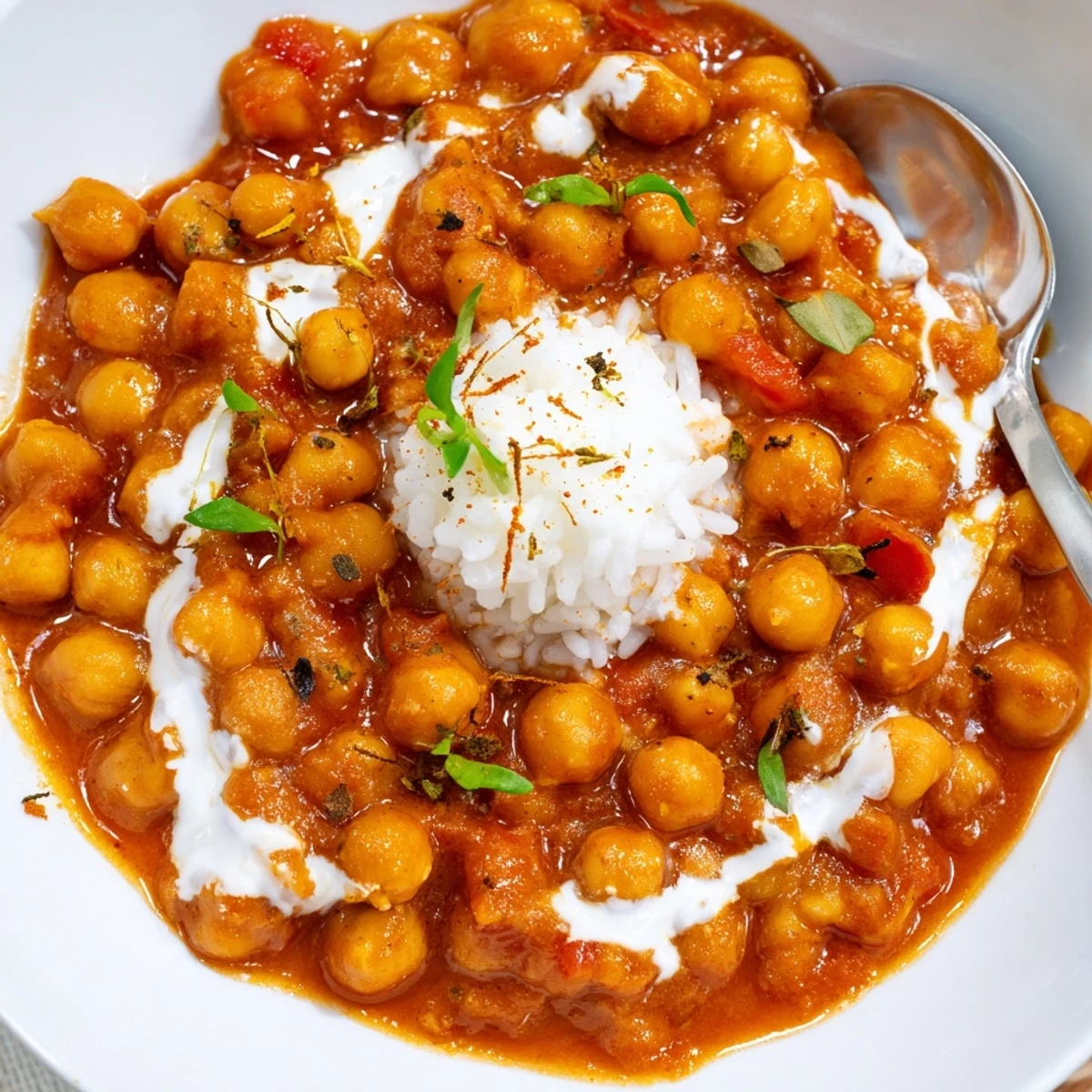 Creamy Greek Yogurt Chickpea Curry steaming in skillet, garnished with cilantro.