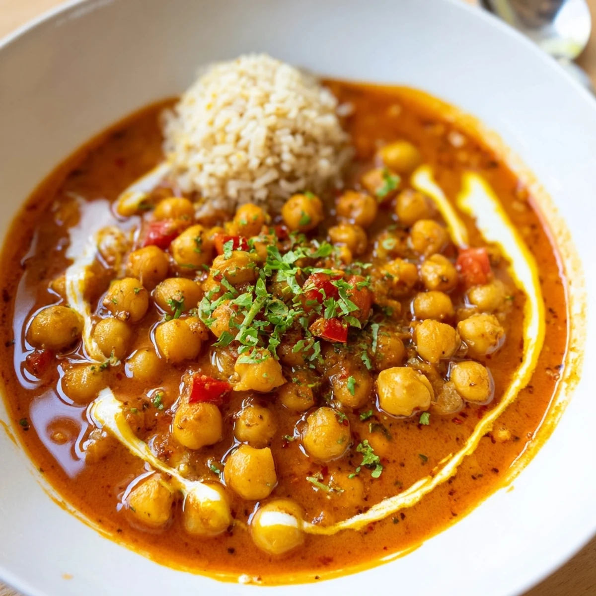 Hearty Greek Yogurt Chickpea Curry ladled over basmati rice, fragrant spices.