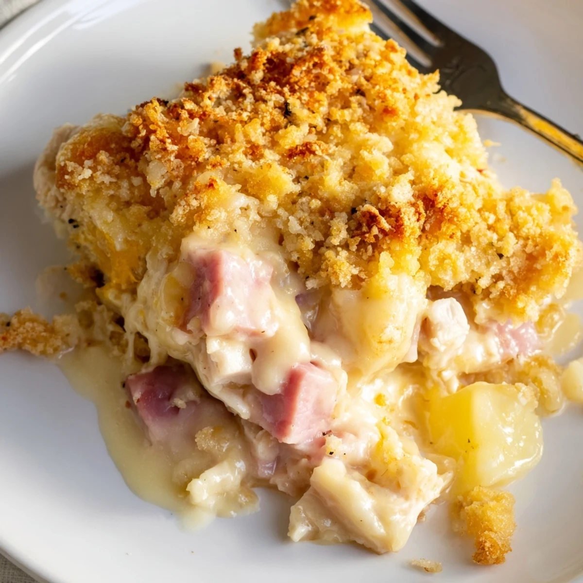 Golden bubbling Chicken Cordon Bleu Casserole with crispy Parmesan Panko topping, steaming