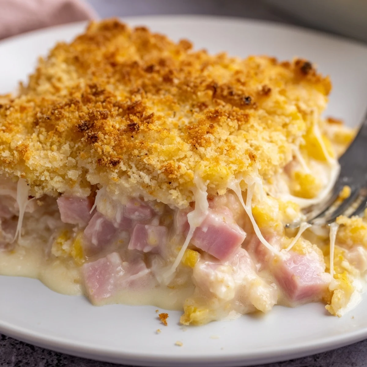 Creamy Dijon sauce blanketing Chicken Cordon Bleu Casserole, golden edges and melty Swiss
