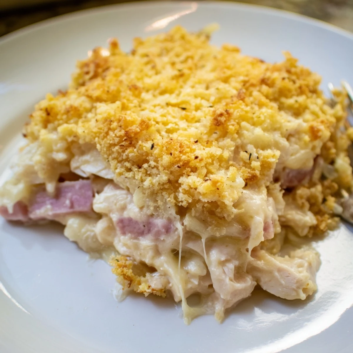 Hearty Chicken Cordon Bleu Casserole served warm with crisp salad or Chardonnay