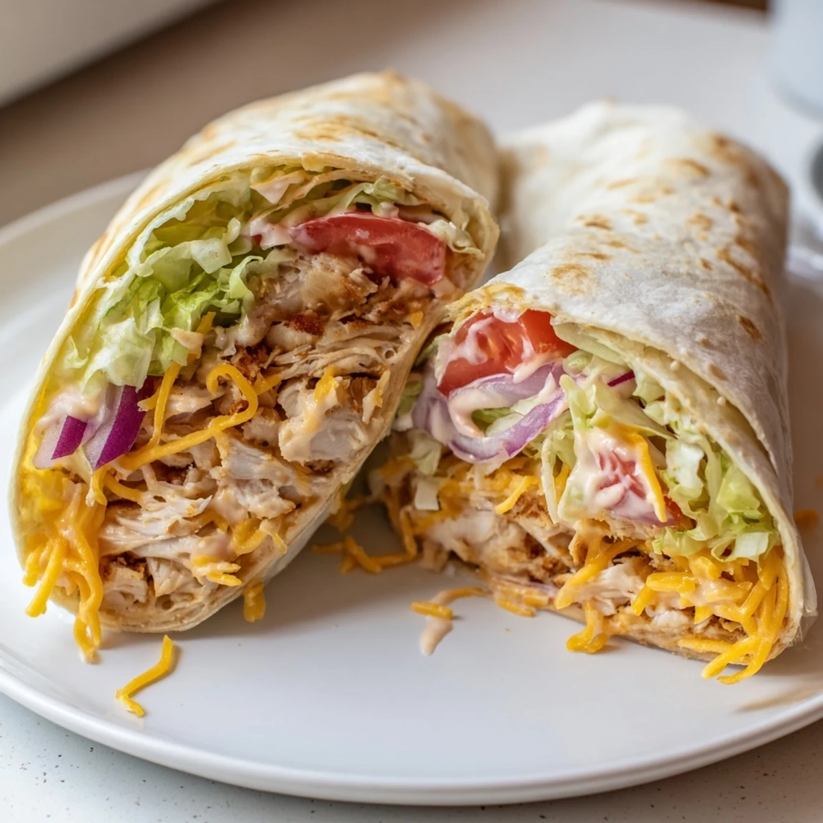 Sliced Cheesy Garlic Chicken Wraps showing steam and gooey cheese pull