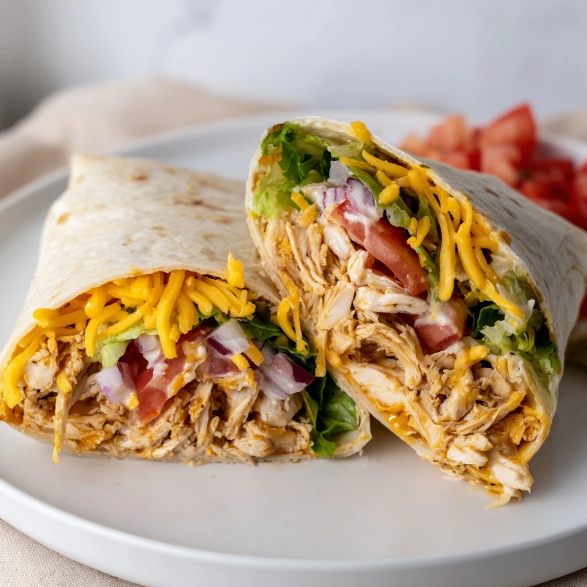 Warm Cheesy Garlic Chicken Wraps on wooden board, crisped tortilla edges