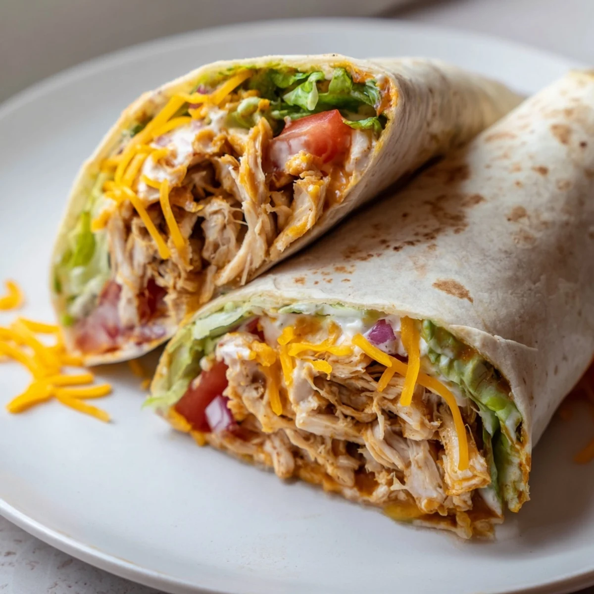 Close-up Cheesy Garlic Chicken Wraps filled with juicy chicken, drizzled sauce
