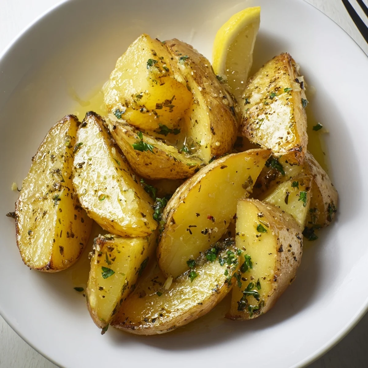 Steaming Authentic Greek Lemon Potatoes Recipe with golden crispy edges and bright lemon