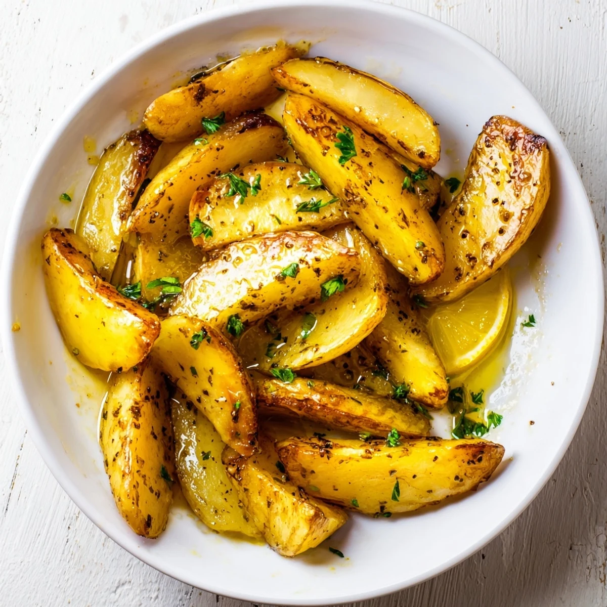 Oven-roasted Authentic Greek Lemon Potatoes Recipe, tender inside, garlic-scented and herb-garnished