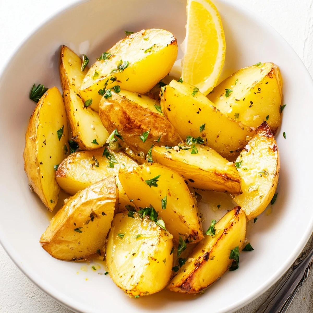 Plate of Authentic Greek Lemon Potatoes Recipe served hot with parsley and lemon