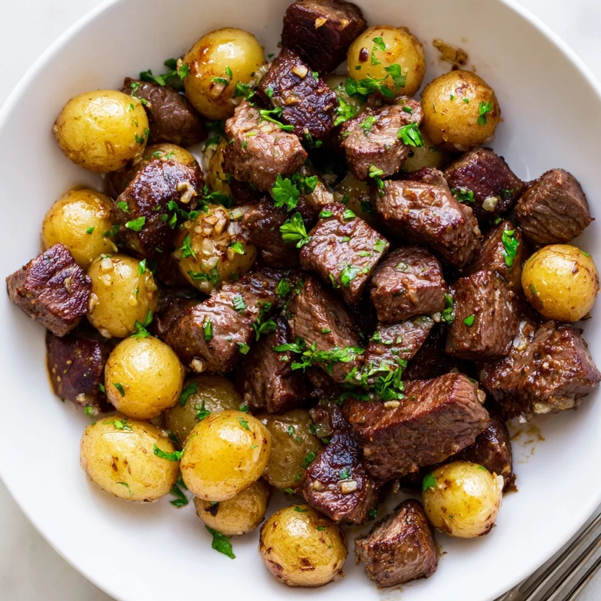 Garlic Steak Bites and Potatoes Recipe sizzling in skillet with crispy, golden potatoes