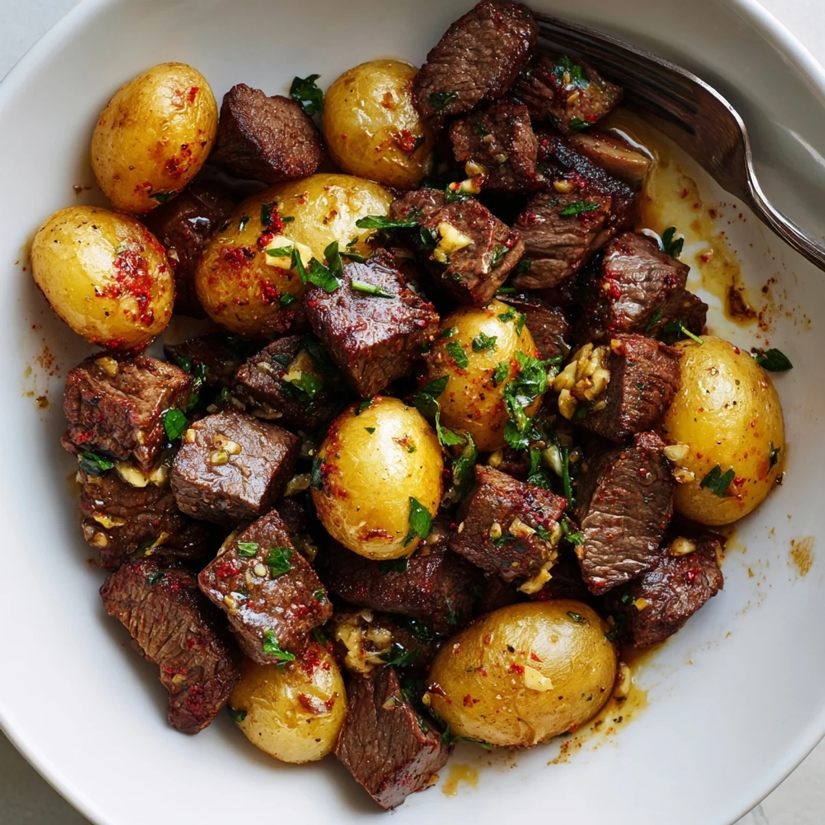 Searing aroma fills kitchen as Garlic Steak Bites and Potatoes Recipe finishes