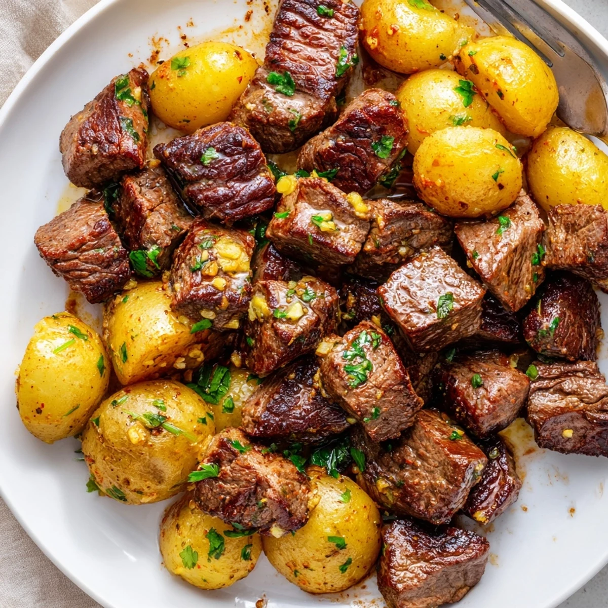 Weeknight plate: Garlic Steak Bites and Potatoes Recipe garnished with parsley, lemon