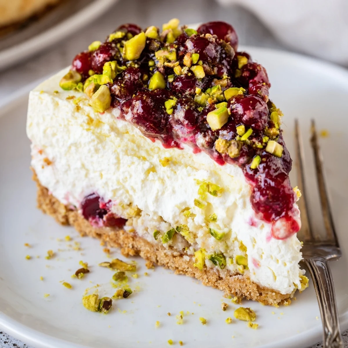 Lemon Lime Cherry Pistachio Cheesecake topped with glossy cherries and toasted pistachios