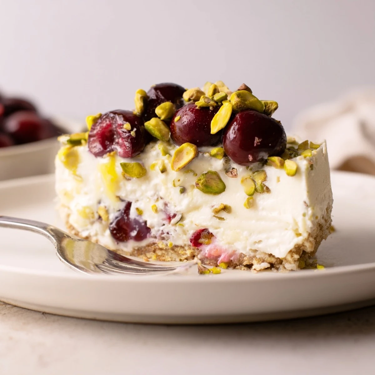Baker cutting Lemon Lime Cherry Pistachio Cheesecake, creamy citrus filling and tart cherries