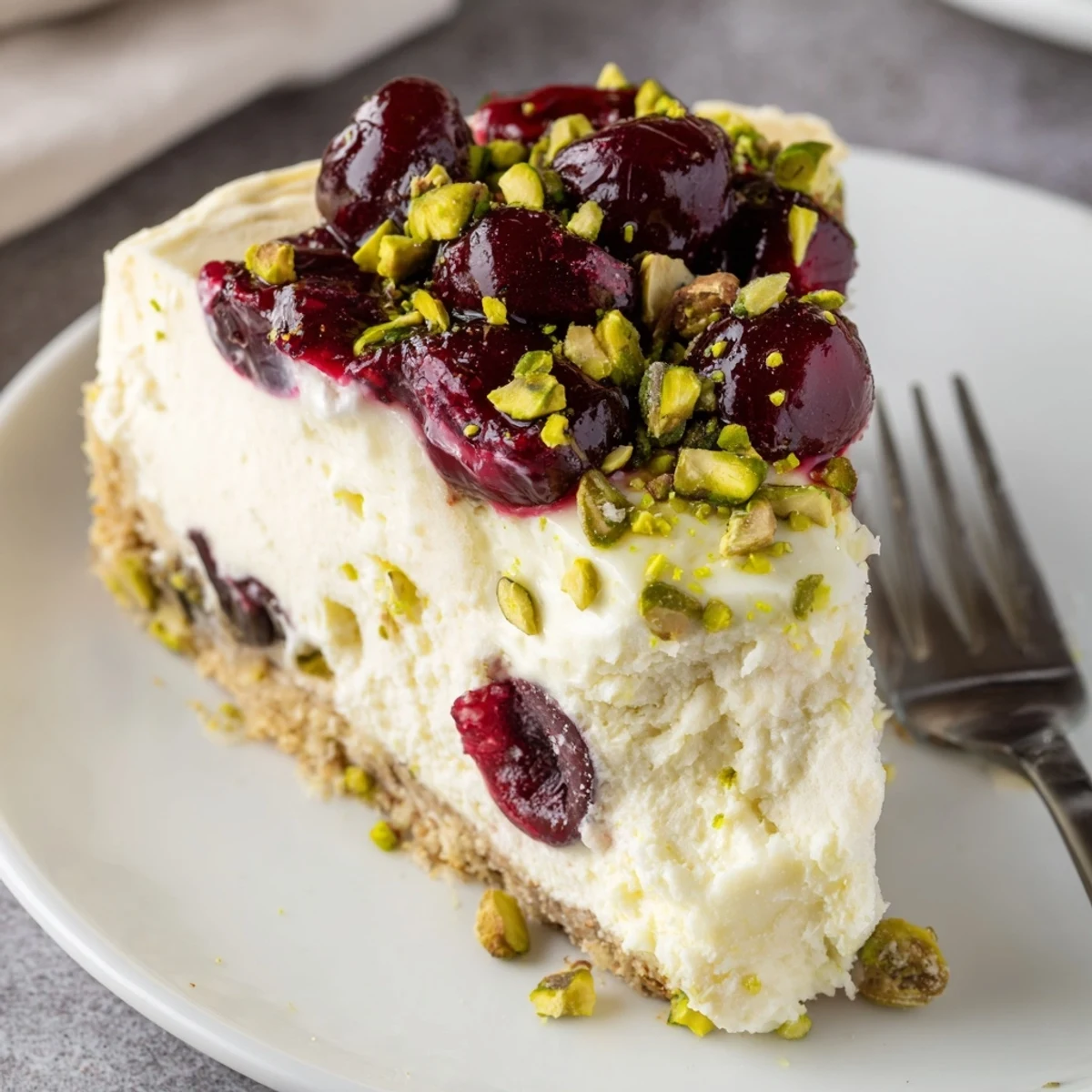 Chilled slice of Lemon Lime Cherry Pistachio Cheesecake on white plate, zesty