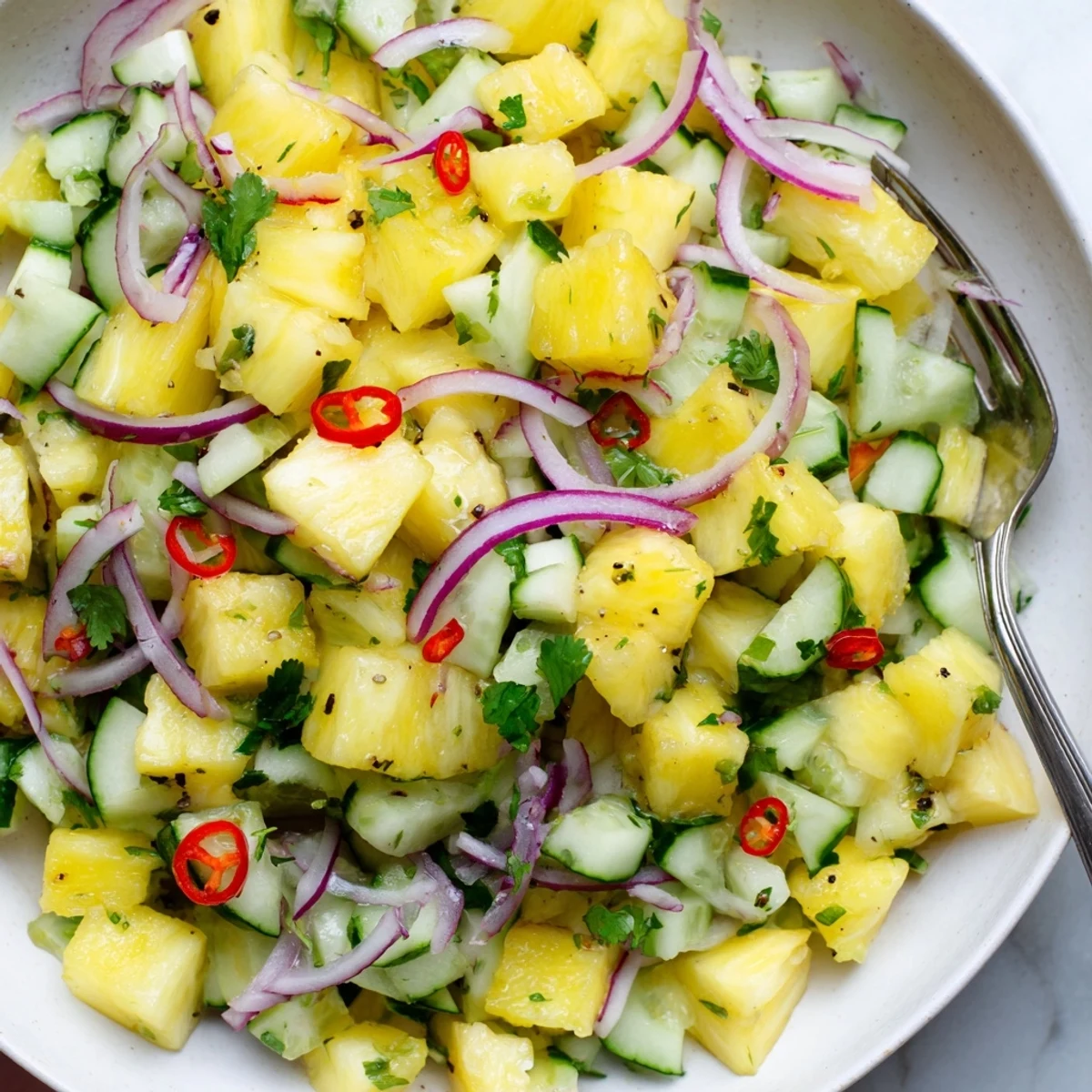 Bowl of Pineapple Cucumber Salad garnished with cilantro, thin red onion, hint of chili