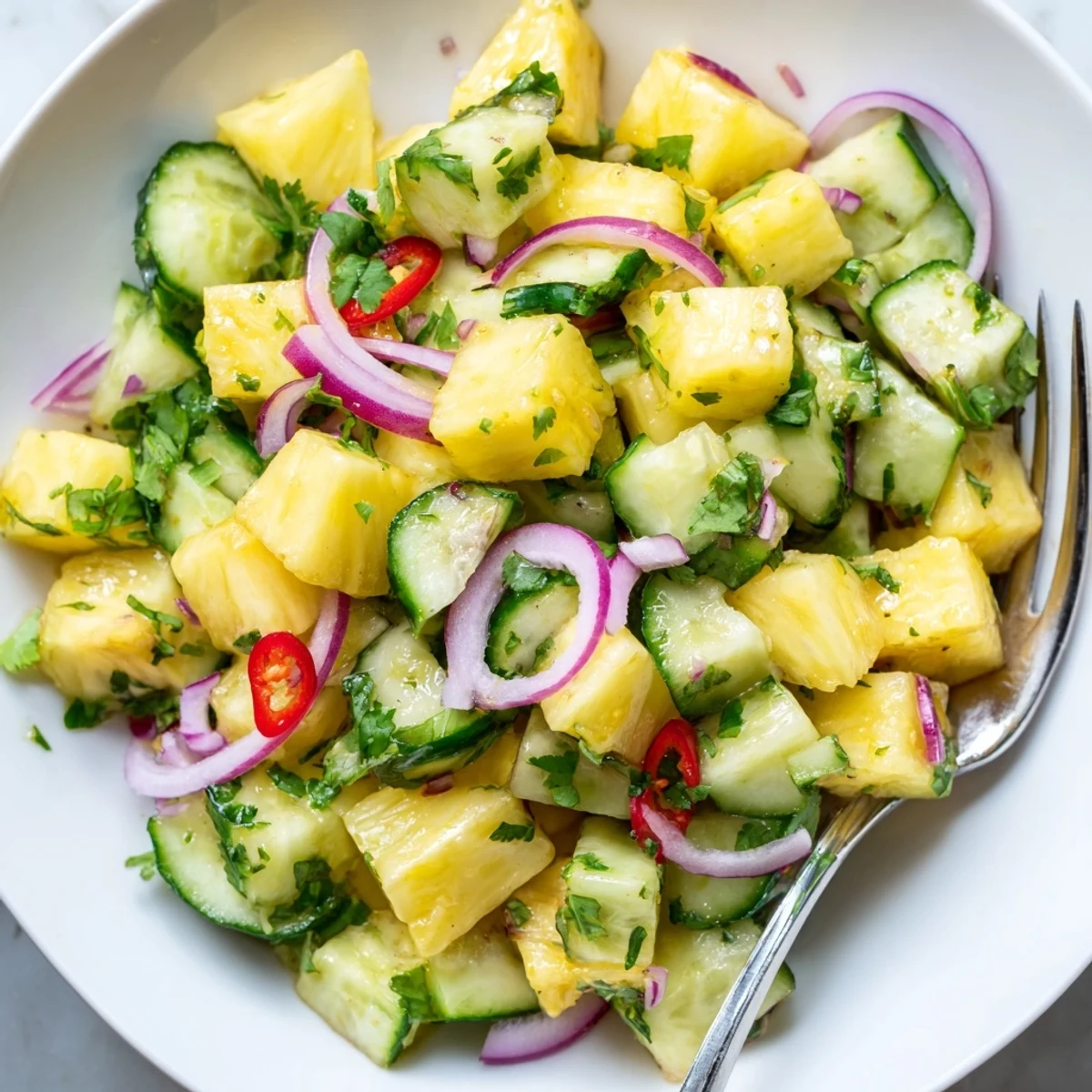 Chilled Pineapple Cucumber Salad served as a summertime side, bright, sweet and savory