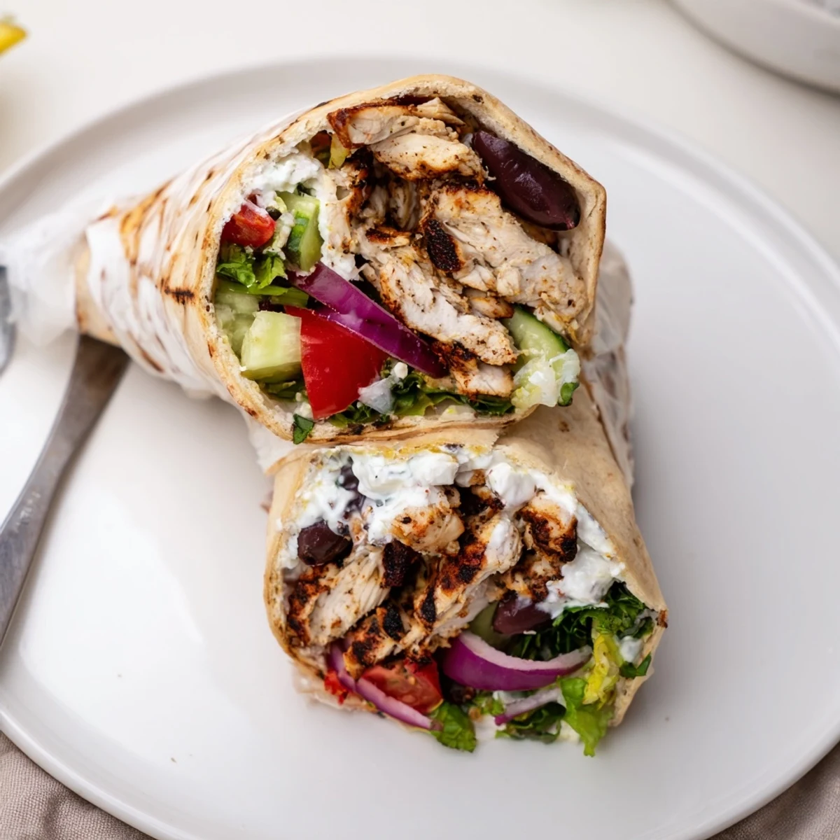 Mediterranean Chicken Pita Wraps with charred grilled chicken, creamy yogurt, vibrant salad