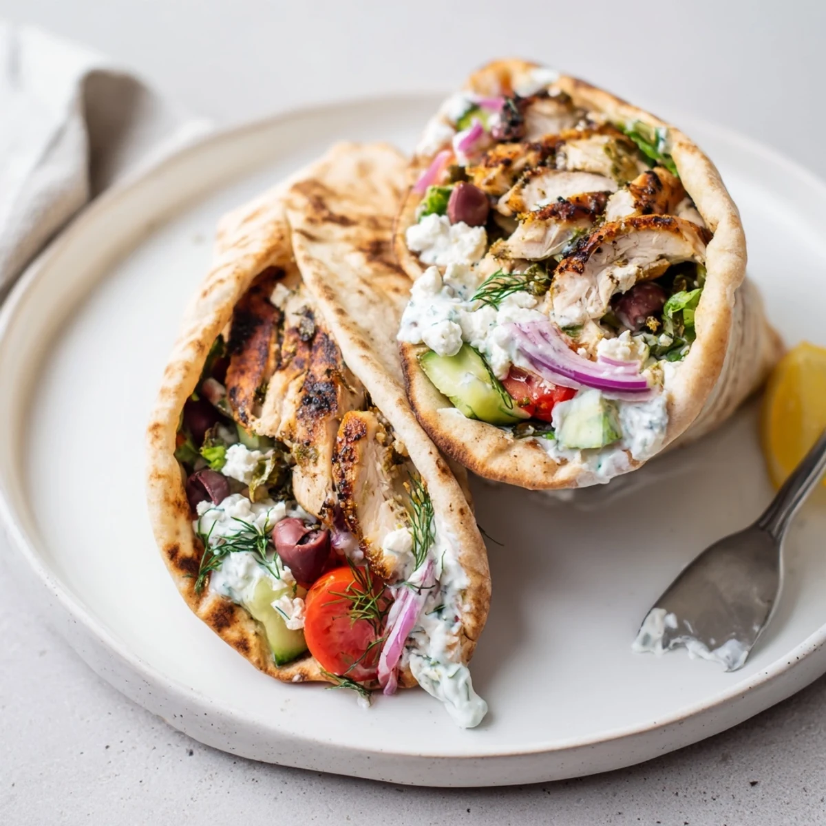 Stacked Mediterranean Chicken Pita Wraps ready to eat with tangy feta drizzle