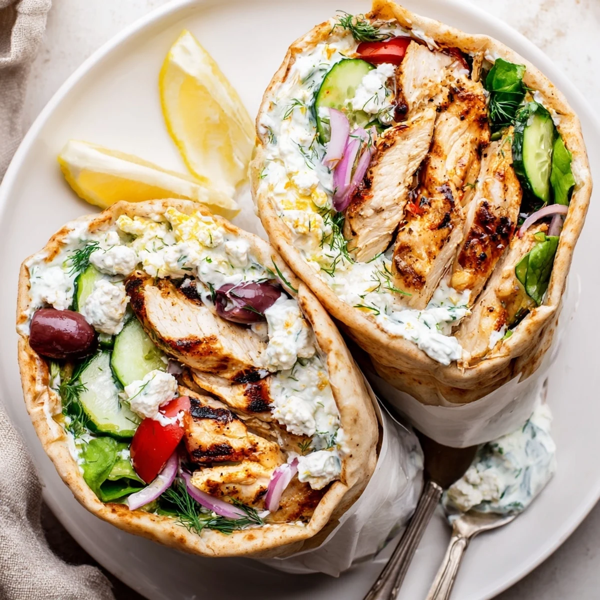 Warm Mediterranean Chicken Pita Wraps nestled on plate, crisp cucumber and tomato