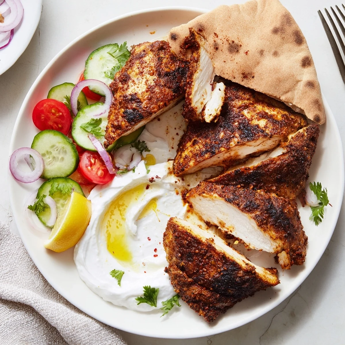 Grilled Shawarma Chicken With Garlic Sauce, charred edges and creamy toum drizzle