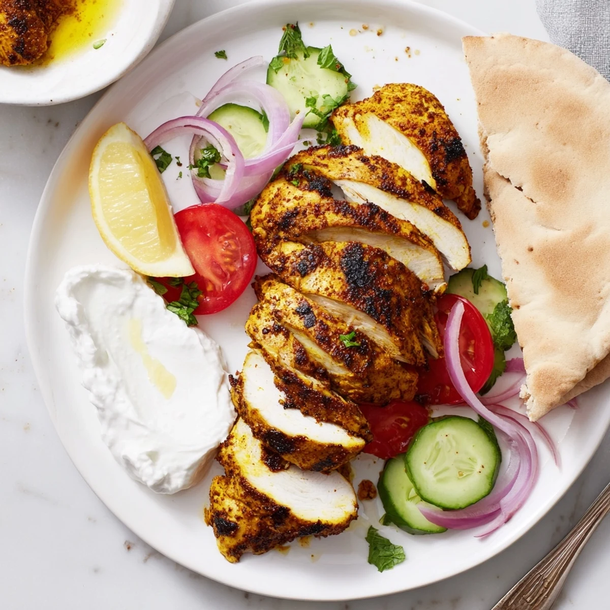 Family-style Shawarma Chicken With Garlic Sauce served with fresh cucumber tomato slices