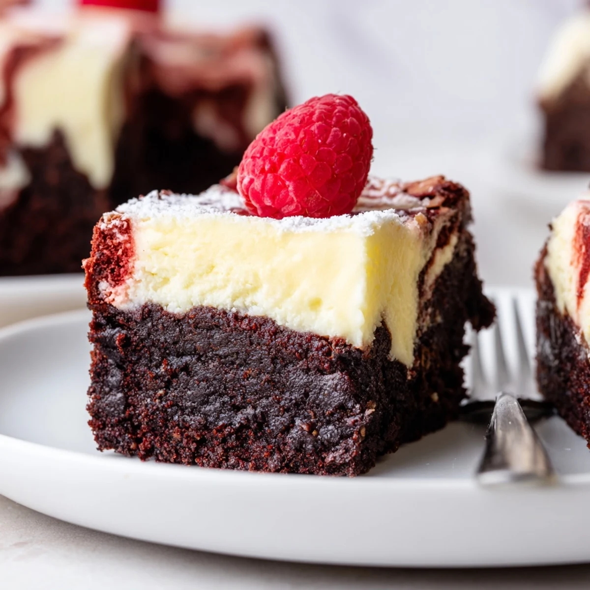 Red Velvet Brownies With Cheesecake Layer cooling on rack, glossy swirled top